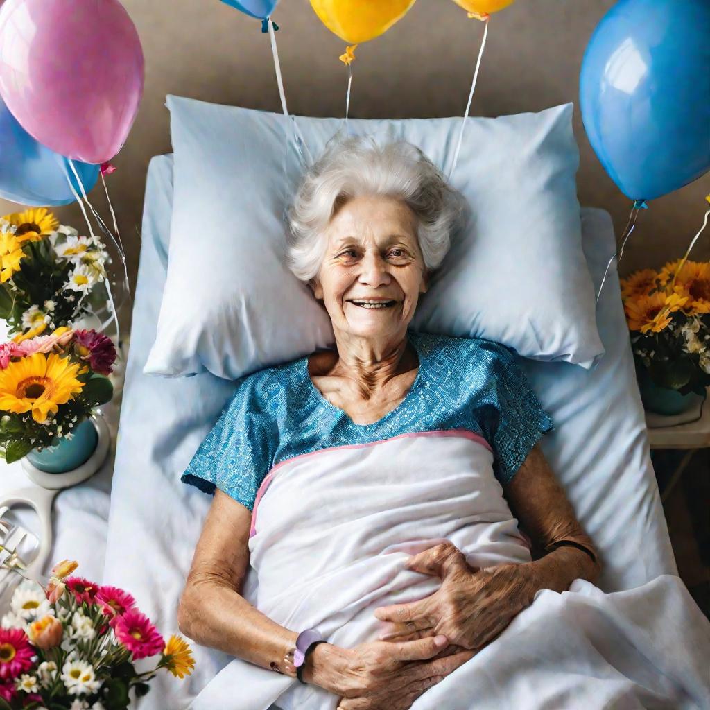 Пожилая женщина в больничной кровати улыбается, рядом шарики и цветы после операции из-за остеопороза.