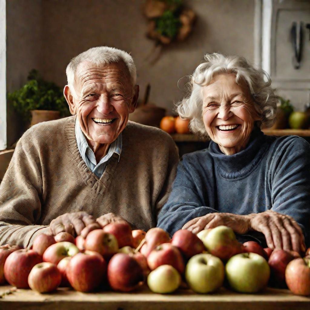 Пожилые мужчина и женщина улыбаются с яблоками и морковкой из своего сада на кухонном столе в теплом освещении осеннего дня.