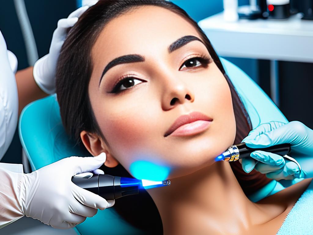 Женщина проходит косметологическую процедуру лазерной шлифовки для устранения рубцов после акне