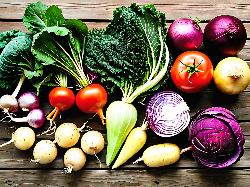 Набор овощей для борща: свекла, капуста, морковь, картофель, помидоры, лук разложены на деревянном