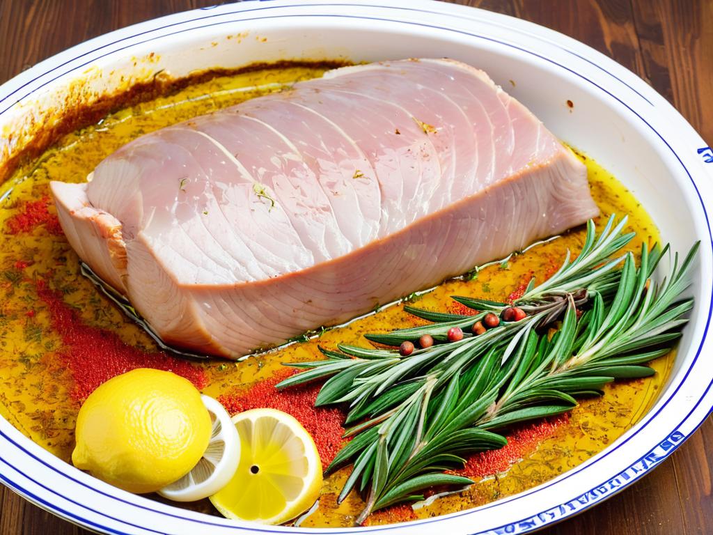 Запеченная свинина, маринованная в специях, готова к духовке с ингредиентами чеснок, лимон,