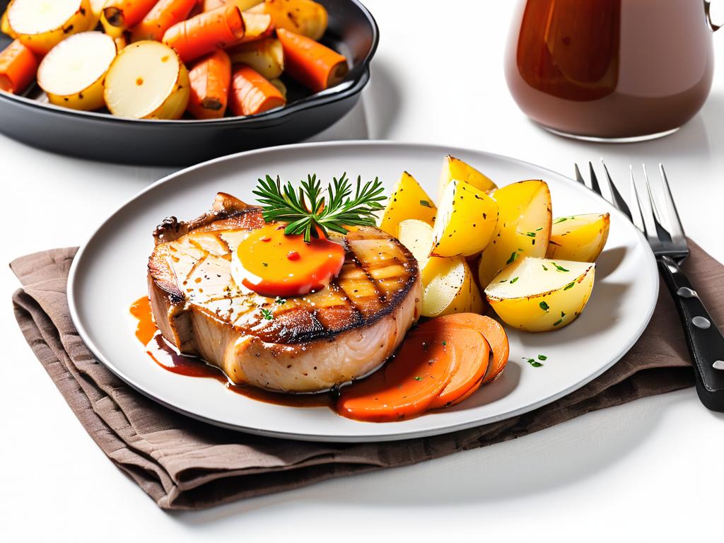 Запеченные отбивные из свинины с картофелем, морковью и соусом поданы на тарелке на белом фоне
