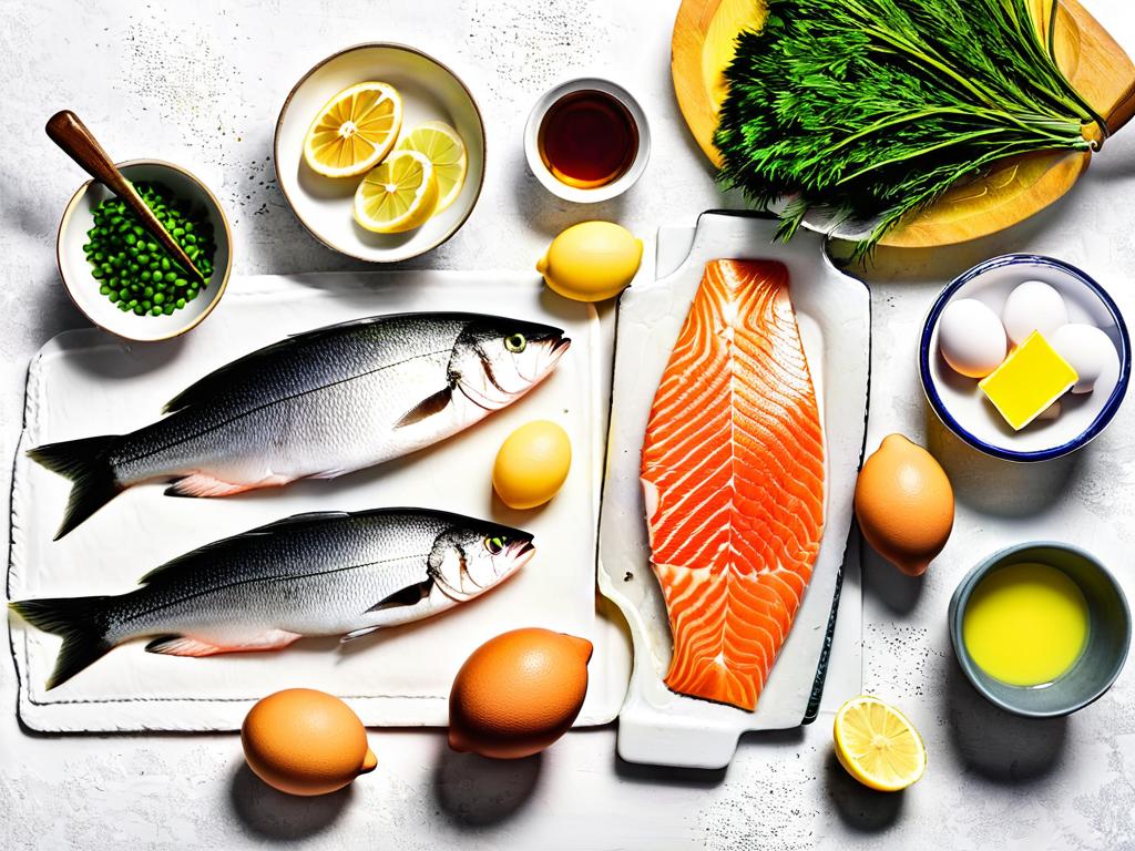 Ингредиенты для приготовления рыбы по-польски: филе рыбы, яйца, лимон и масло
