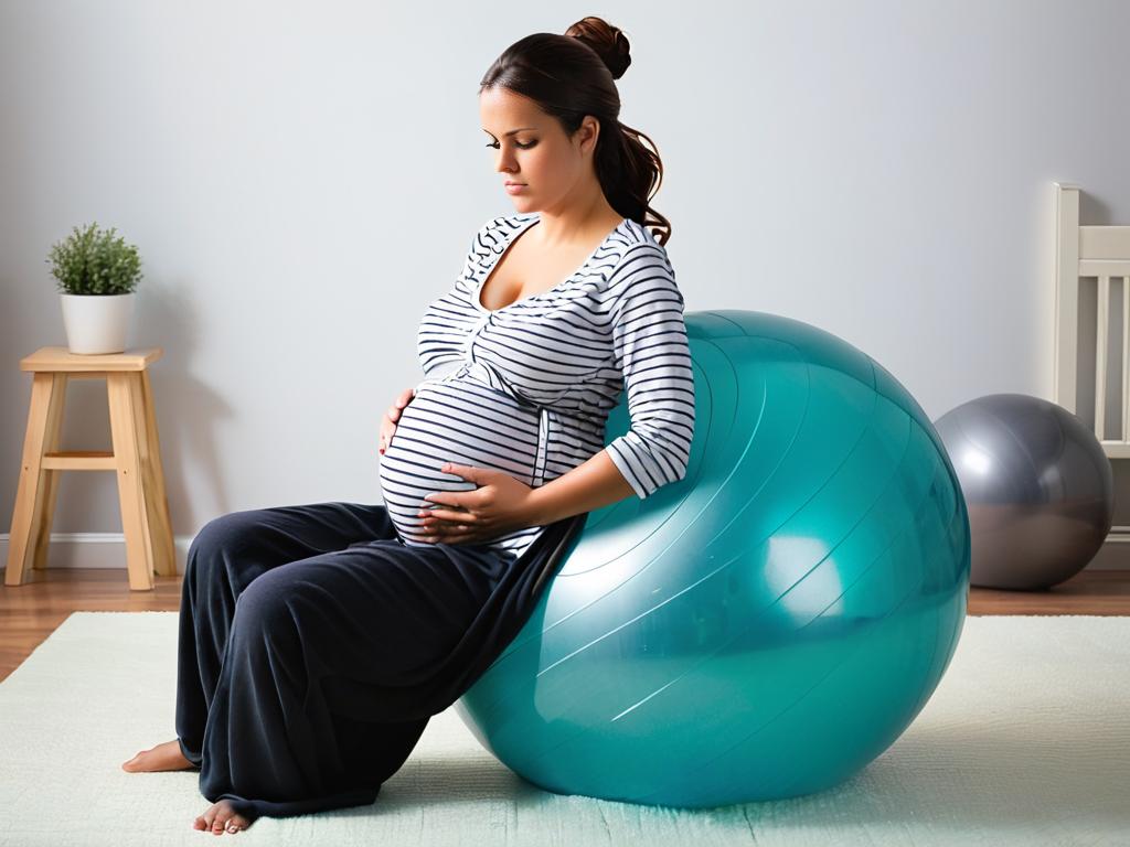 Беременная женщина сидит на родовом мяче, смотрит вниз с обеспокоенным видом, что может говорить о
