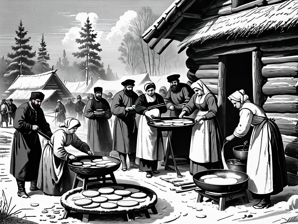 Старинная гравюра с изображением печки блинов в России 19 века