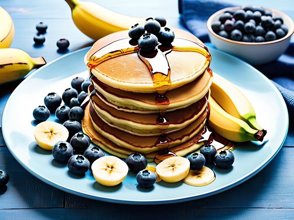 Блины с фруктами - банан, черника. Подчеркивает, что блины могут быть полезным завтраком.