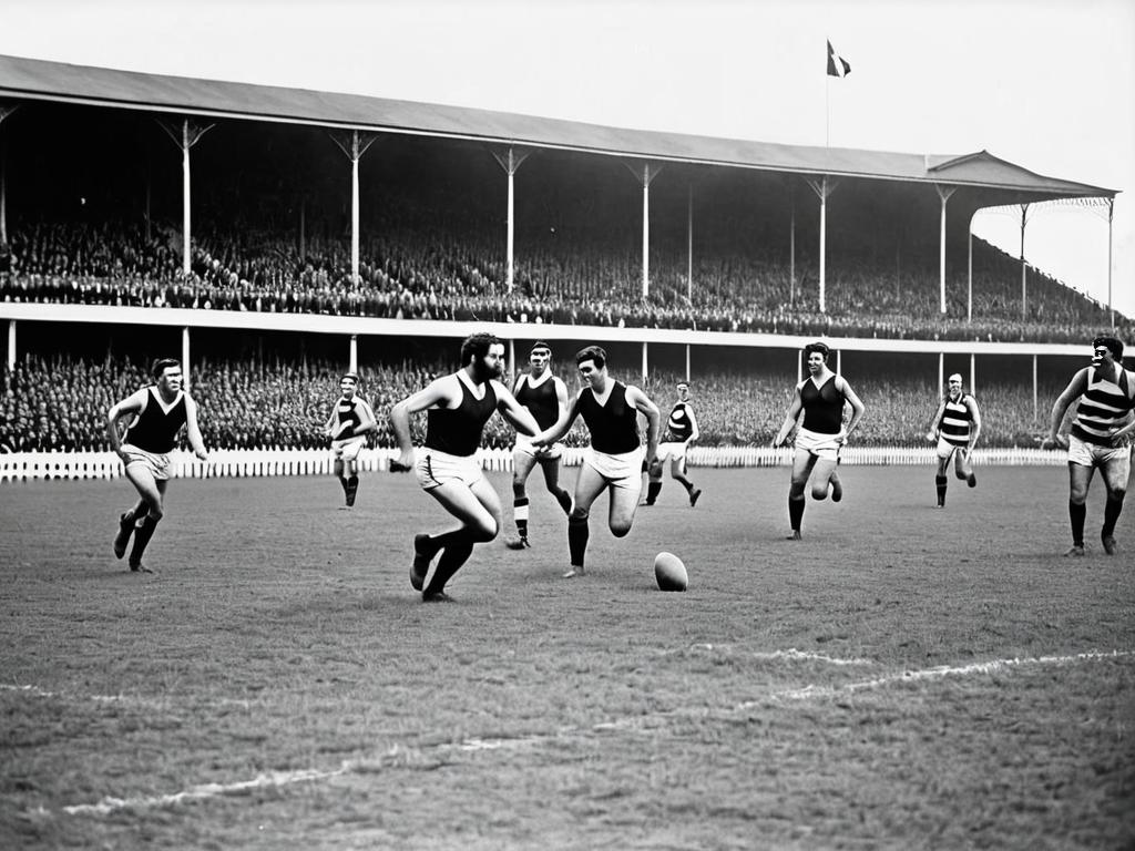 Историческая черно-белая фотография игроков одного из первых матчей по австралийскому футболу в