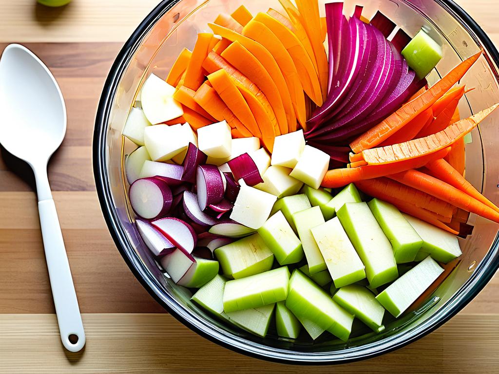 Изображение приготовленного витаминного салата с дайконом, морковью и яблоками в миске. Кулинарные