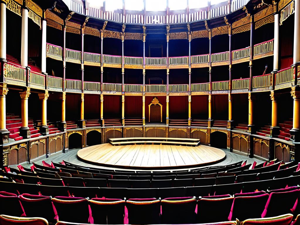 Интерьер театра эпохи Елизаветы. Демонстрирует сцену и зрительный зал, типичные для театральной