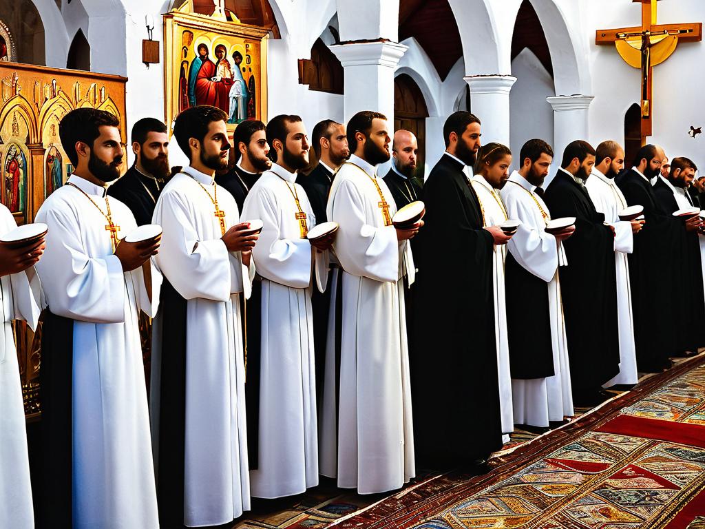 Православные христиане в очереди на причастие во время литургии