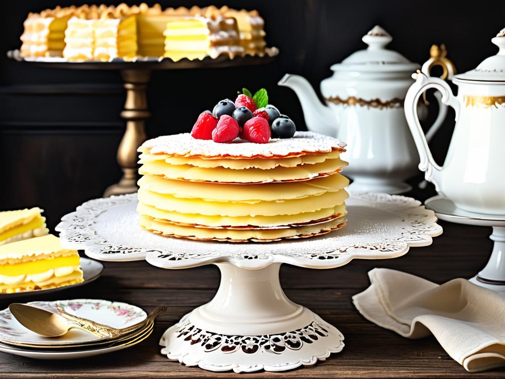 Торт Наполеон с заварным кремом на винтажном подносе для тортов на деревянном столе. Французский