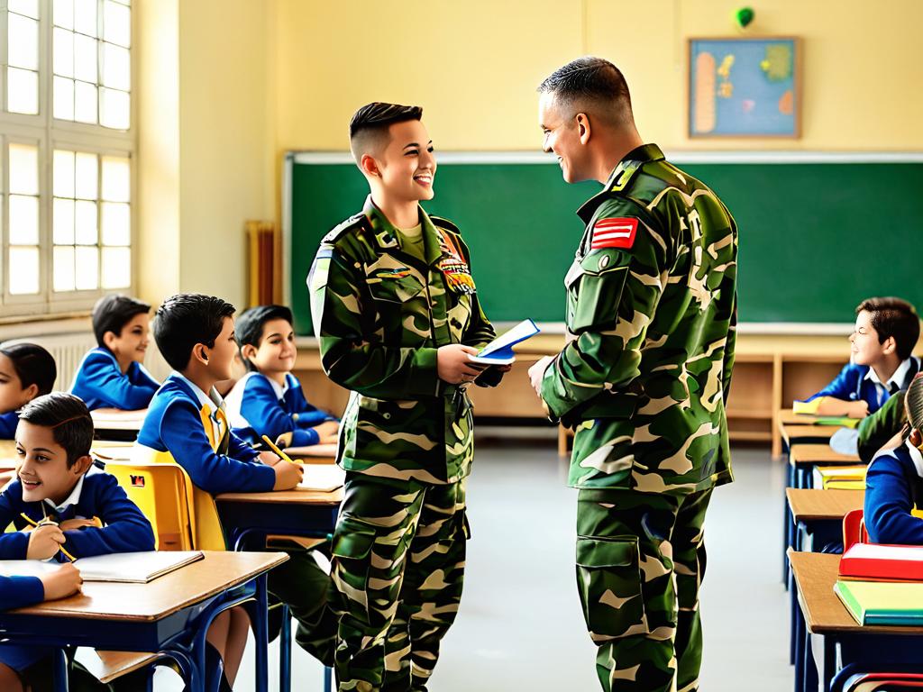 Военные в камуфляжной форме беседуют со школьниками на уроке