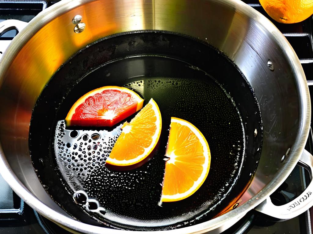 Кусочки апельсина и арбузной корки, томящиеся в кастрюле на плите для варенья