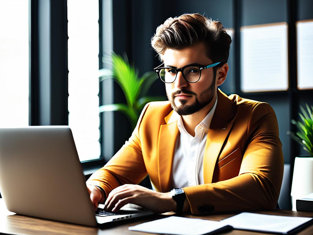 Портрет молодого мотивированного предпринимателя в очках, работающего за ноутбуком на столе в офисе.