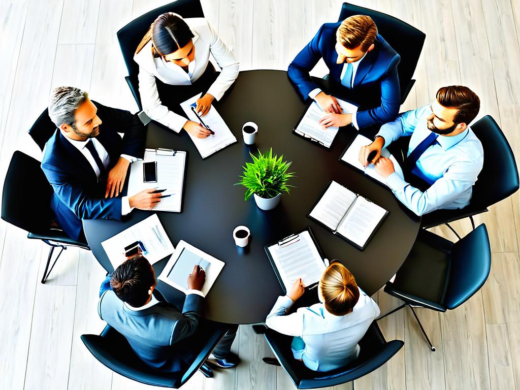 Вид сверху на команду бизнесменов, сидящих за круглым столом на совещании в офисе.