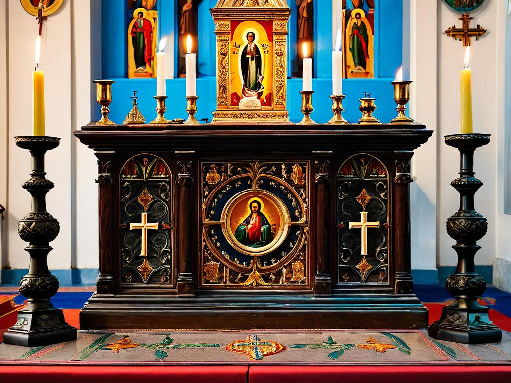 Фото алтаря церкви с подсвечниками и иконами