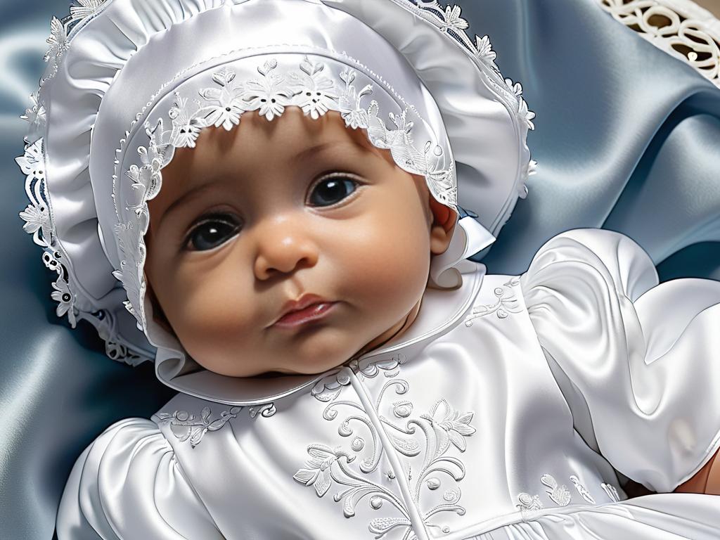Крупный план белого крестильного платья и шапочки для девочки