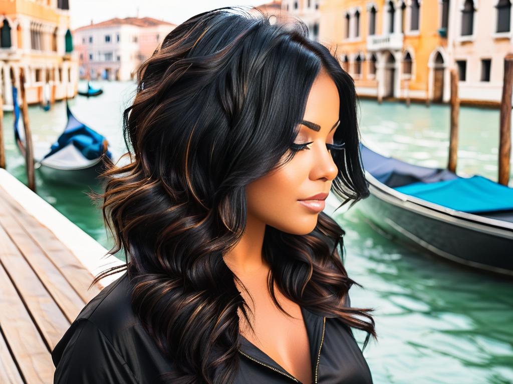 Венецианское мелирование на черные волосы с использованием тонов коричневого