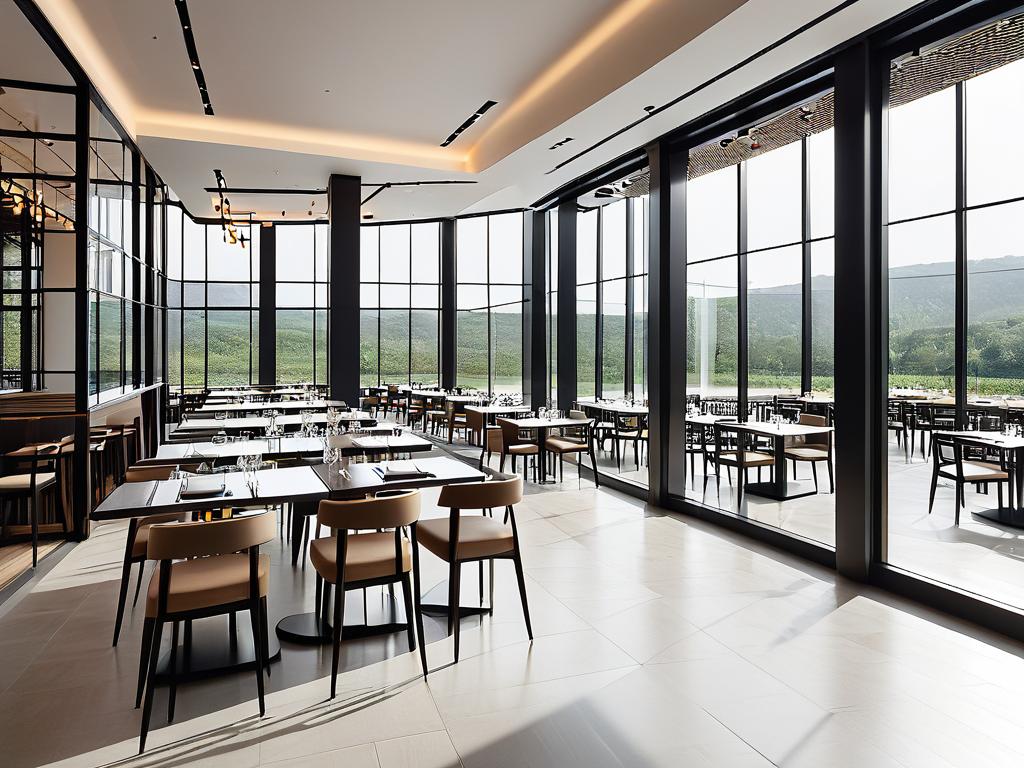 Пустое пространство ресторана с большими окнами и минималистическим дизайном интерьера