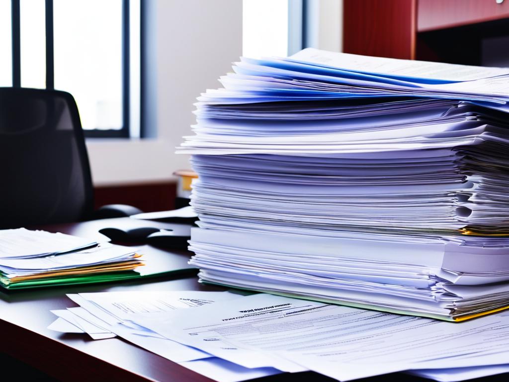 Стопка налоговых бумаг и папок на офисном столе