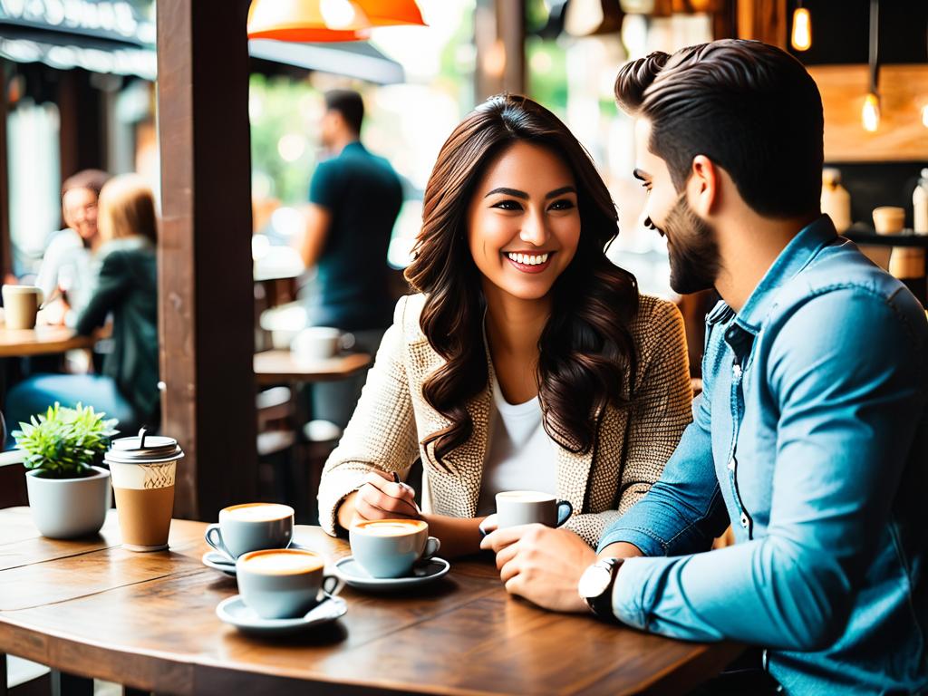 Фотография пары, беседующей в кафе. Предложение встретиться выпить кофе - хороший вариант для