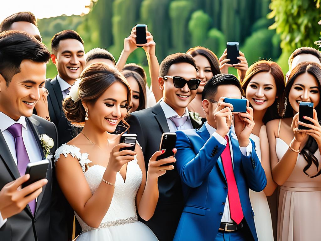 Фото гостей на свадьбе, делающих снимки на смартфоны для участия в фотоконкурсе