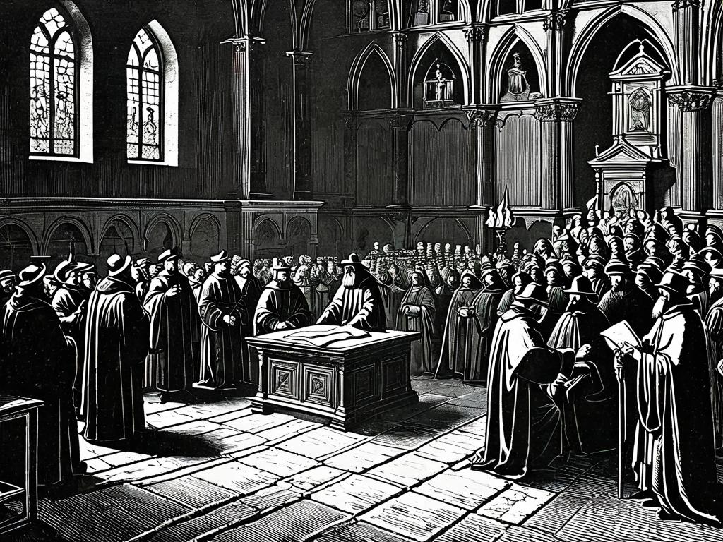 Суд над еретиком Яном Гусом, изображенный на гравюре 19 века