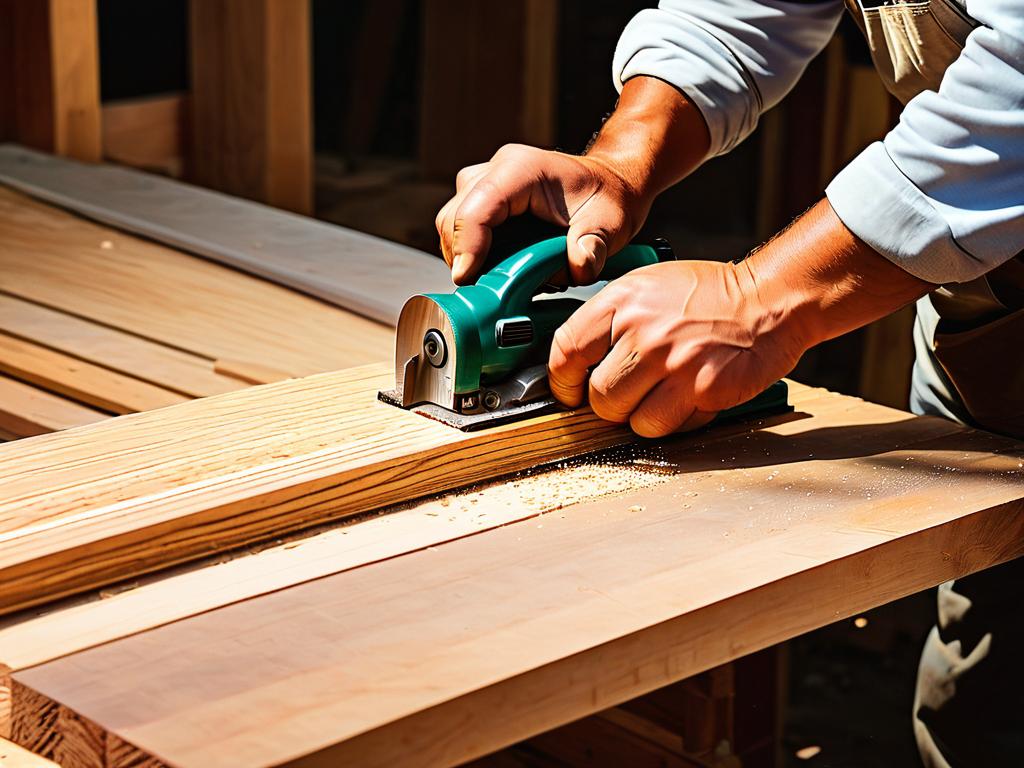 Плотник выпиливает доски для строительства деревянного дома