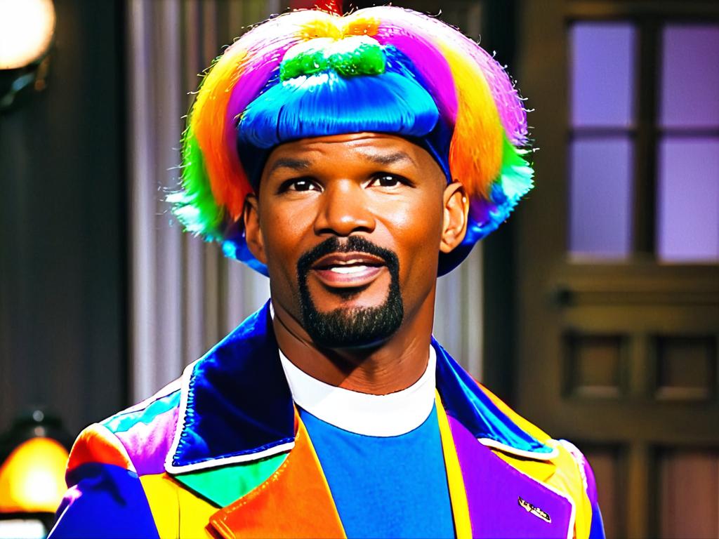 Джейми Фокс в ярком костюме и парике на съемках комедийного шоу «В ярких красках»