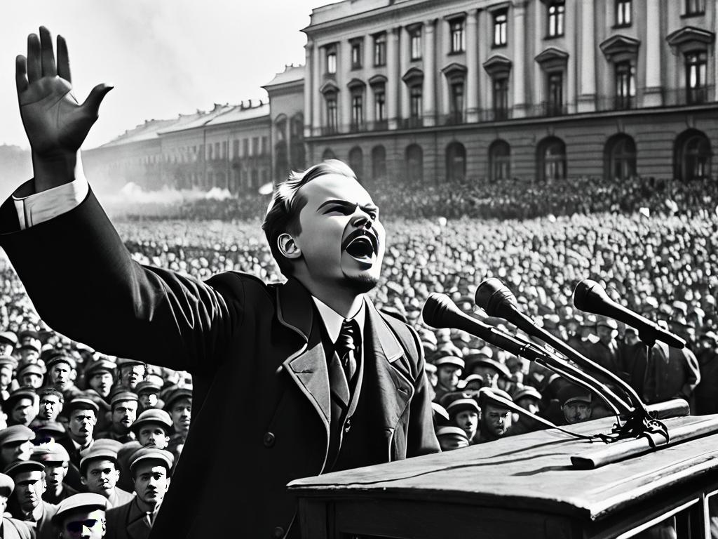 Черно-белая фотография молодого Ленина, страстно выступающего перед большой толпой