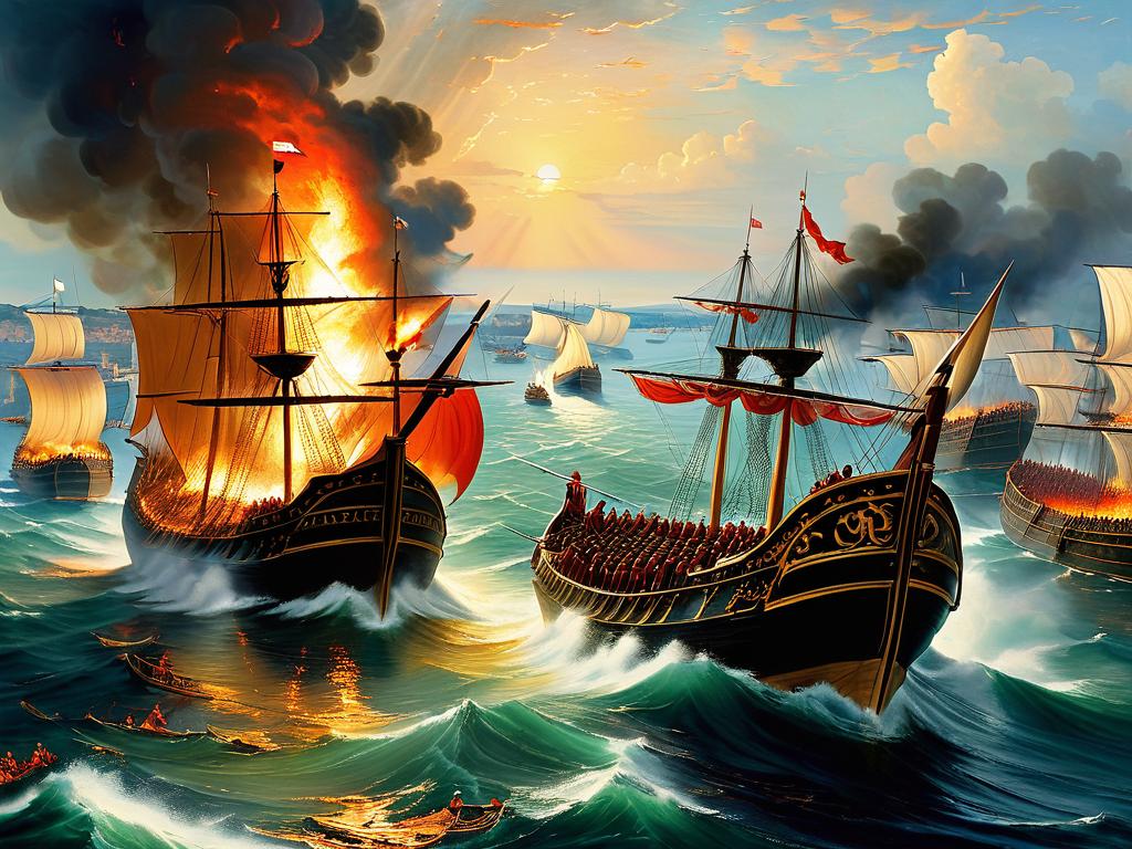 Картина, изображающая решающее морское сражение при Кизике в 673 г. н.э.
