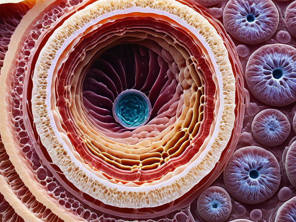 Микроскопическое изображение слоев стенки желудка: слизистая, подслизистая, мышечная и серозная