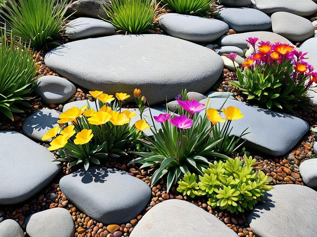 Пример небольшой альпийской горки с плоскими камнями и мелкими яркими цветами, посаженными в