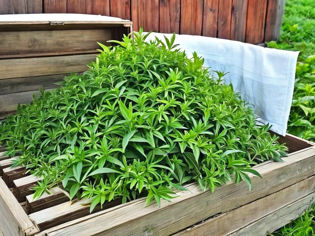 Лекарственные травы курильского чая, собранные в деревянной коробке для сушки