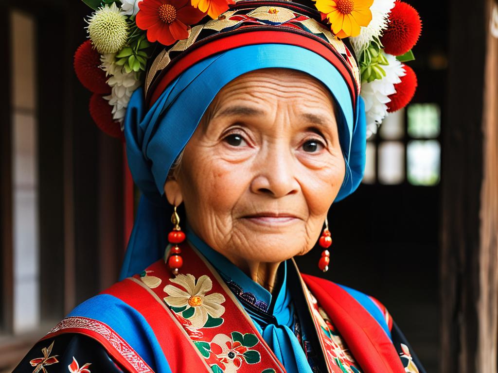 Портрет пожилой женщины в народном костюме символизирует диалектную лексику региона