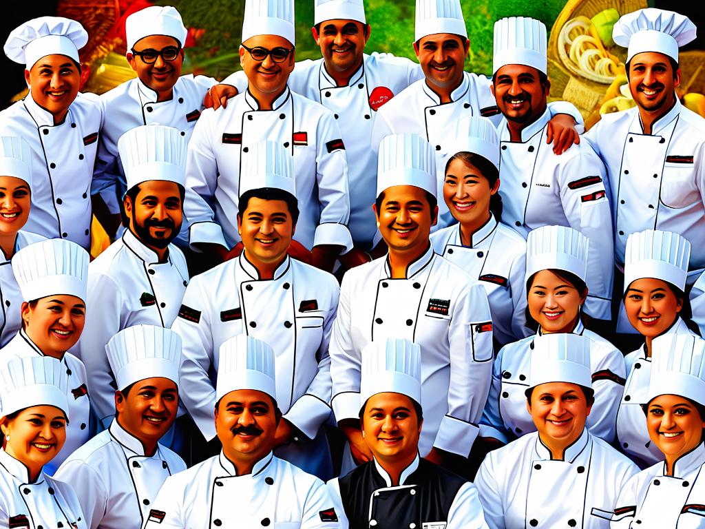 На фото изображены повара в национальных костюмах и головных уборах, демонстрирующие разнообразие