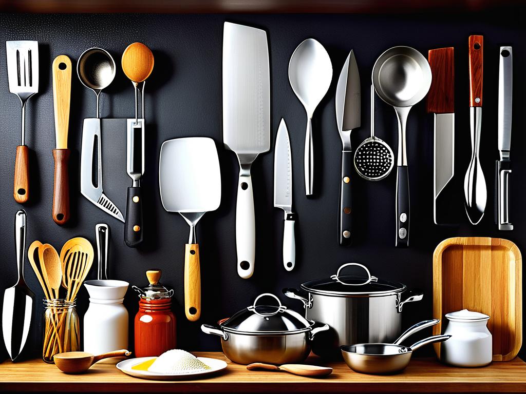 Фотография, на которой запечатлены разнообразные кухонные принадлежности и инструменты,