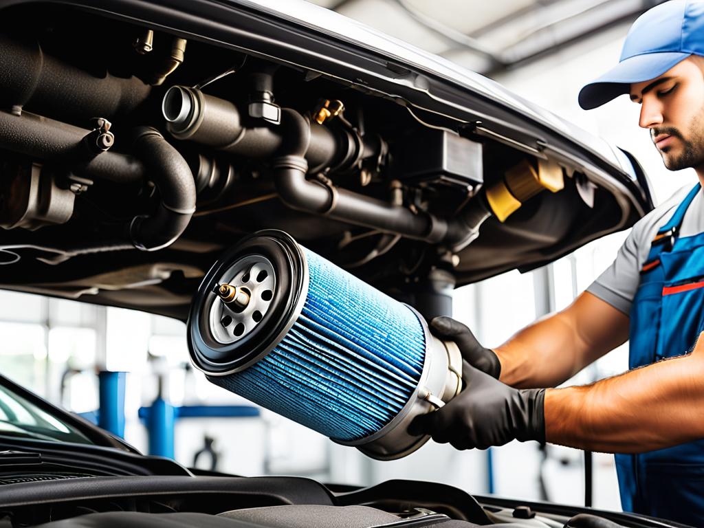 Механик заменяет загрязненный топливный фильтр в автомобиле. Регулярная замена предотвращает потерю