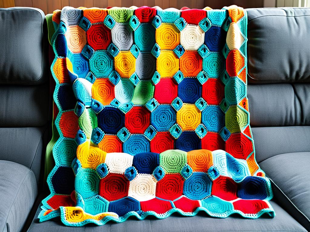 Разноцветный крючком плед из шестиугольников на диване