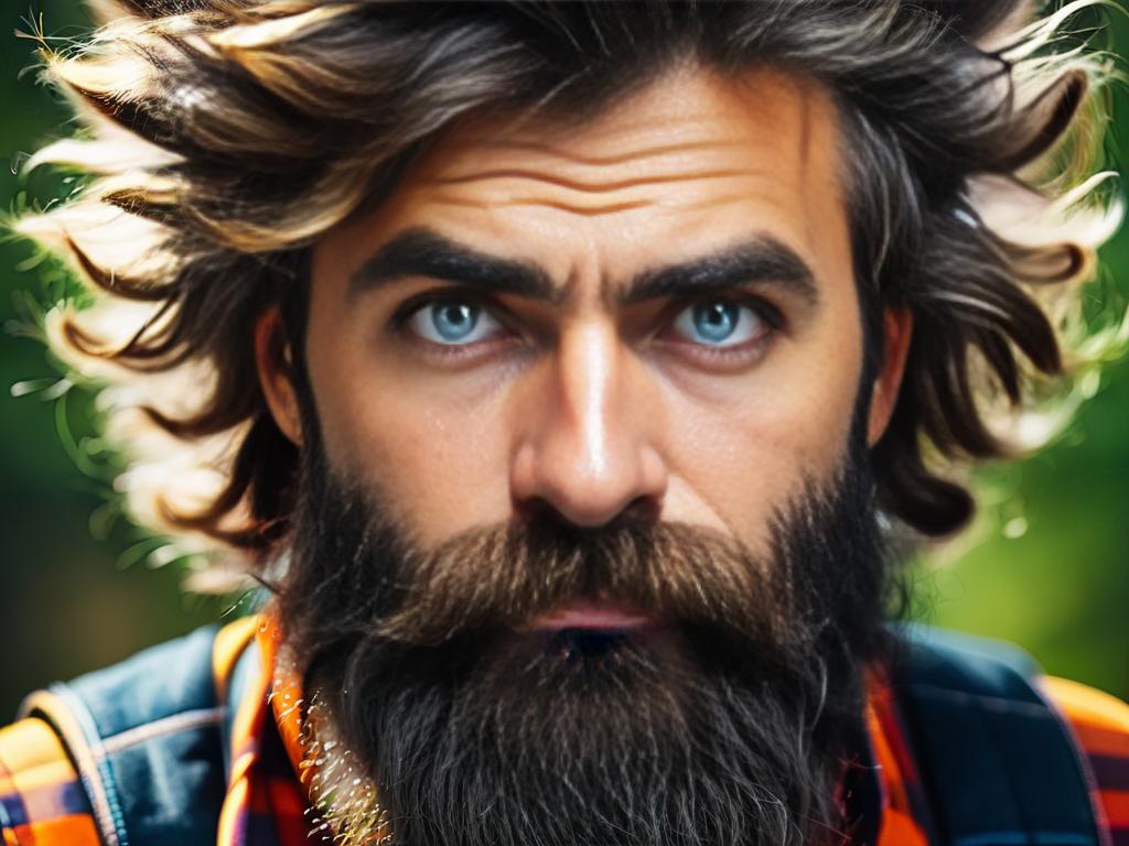 Крупным планом портрет бородатого мужчины с безумными волосами в стиле лесоруба-хипстера