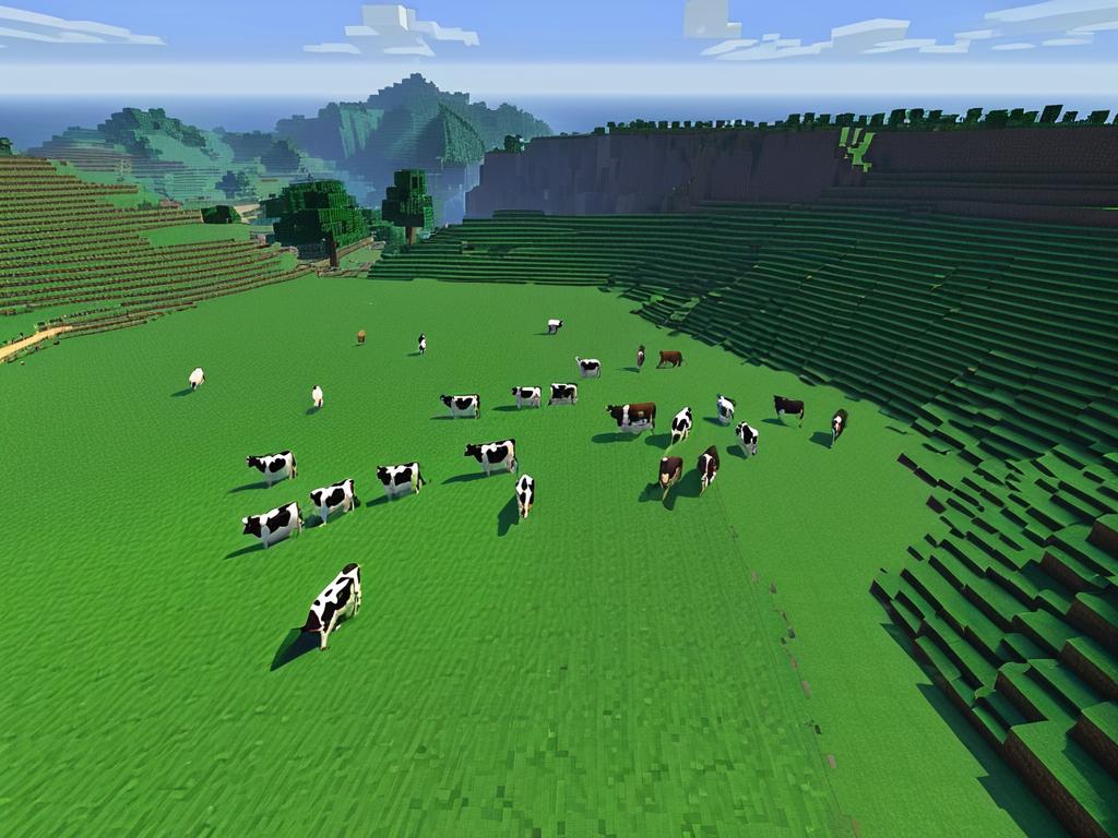 Большое поле с несколькими бродящими и поедающими траву коровами в Майнкрафте