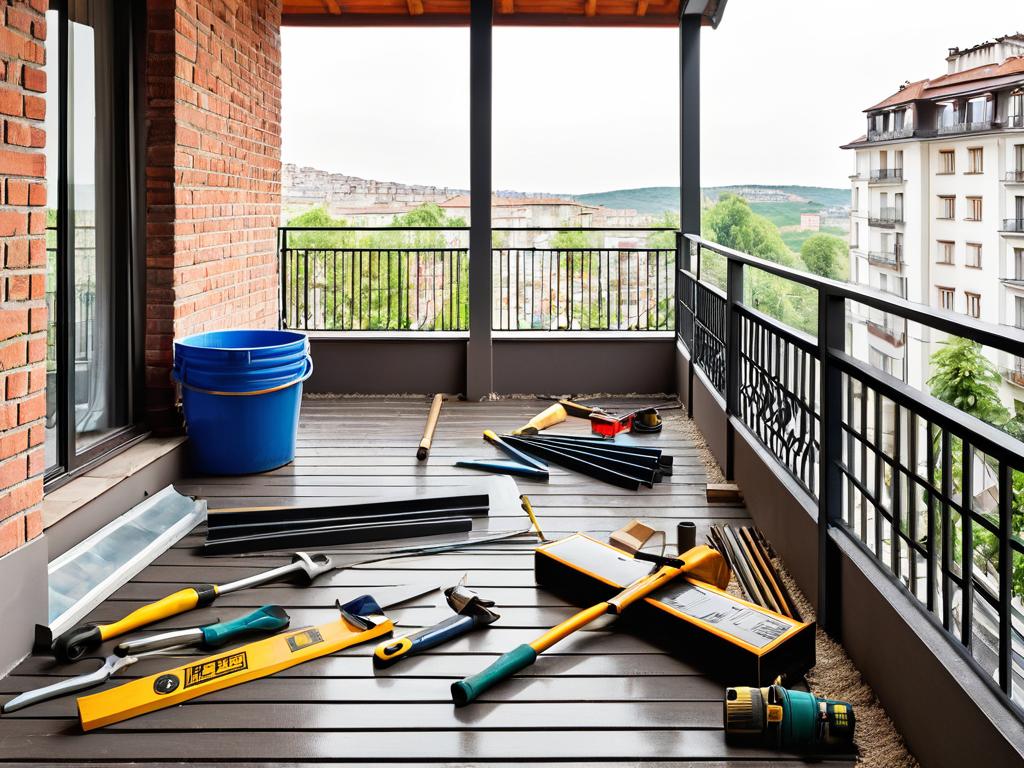Инструменты и стройматериалы на балконе перед ремонтом