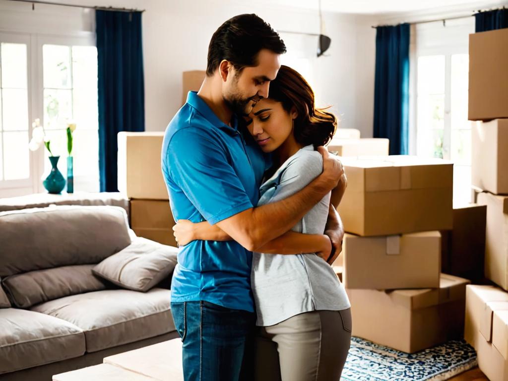 Мужчина и женщина в грустном объятии в гостиной, на заднем плане видны упакованные коробки