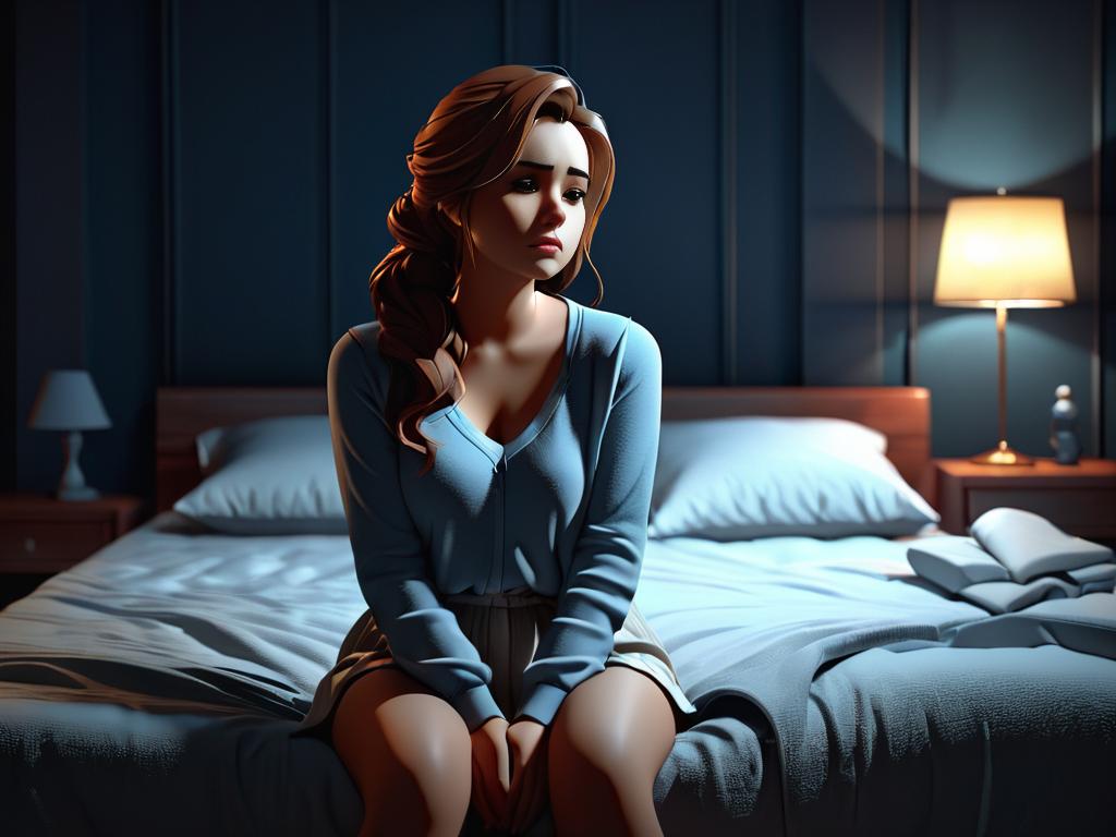 Грустная молодая женщина сидит на кровати ночью в одиночестве. Проблемы в отношениях.