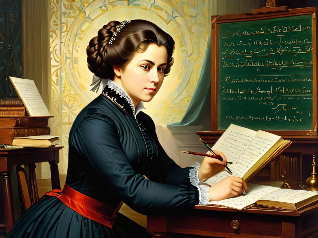 На картине изображена Софья Ковалевская, первая крупная русская женщина-математик, работающая над