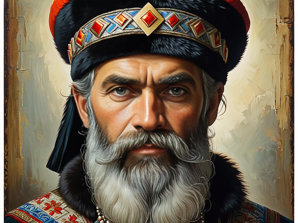 Портрет в славянском стиле, изображающий бородатого мужчину в традиционном головном уборе,