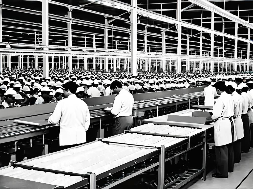 Фото рабочих на конвейере, демонстрирующее производственную иерархию