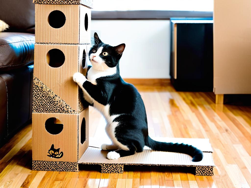 Кошка играет на когтеточке-башне из картонных коробок