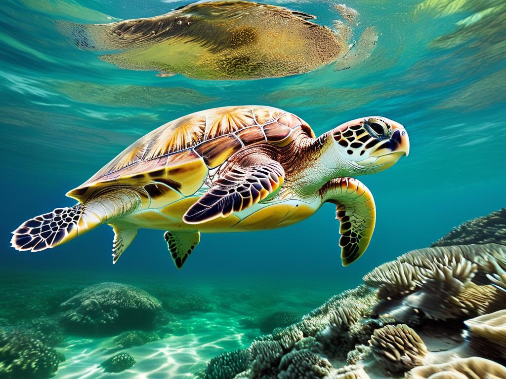Зеленая морская черепаха, плавающая у поверхности воды возле острова
