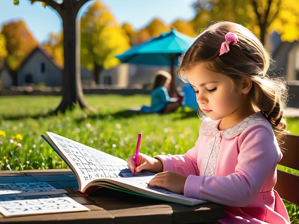 На фото маленькая девочка размышляет над загадкой из книги логических задач на улице